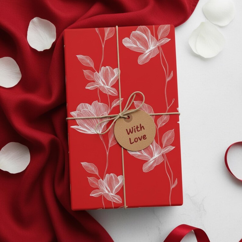 Red Floral Gift Wrap: Elegant Flower Print Wrapping Paper, Minimalist image 1
