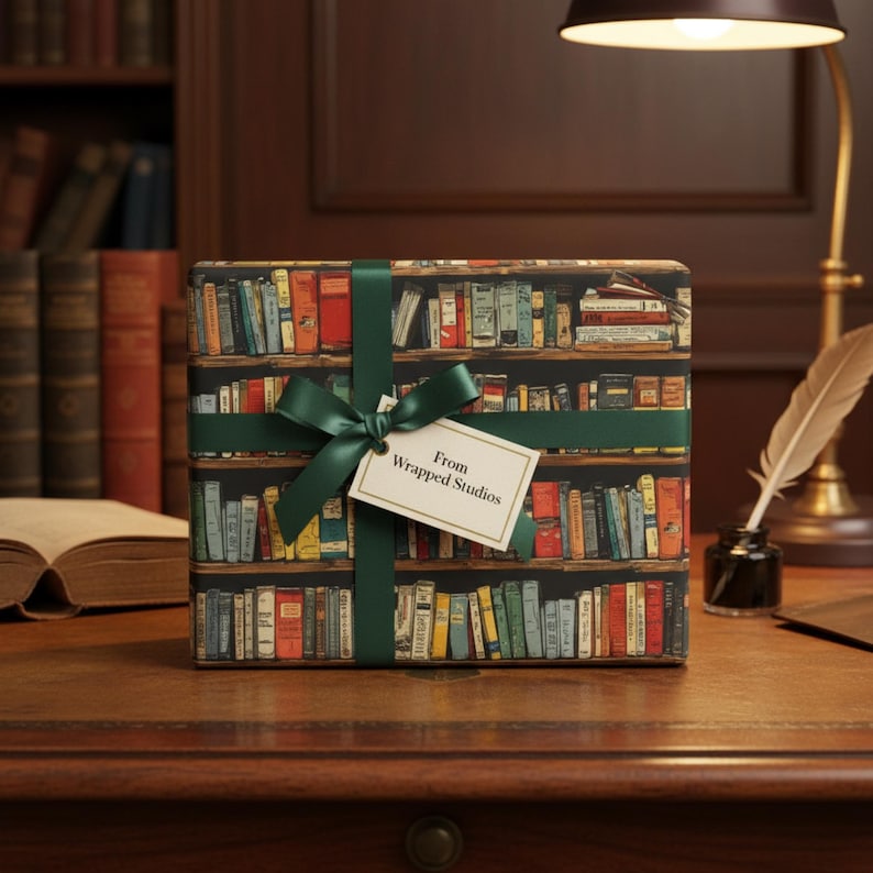 Literary Book Wrapping Paper: Colorful Book Spine Design, Vintage Library Gift Wrap image 2