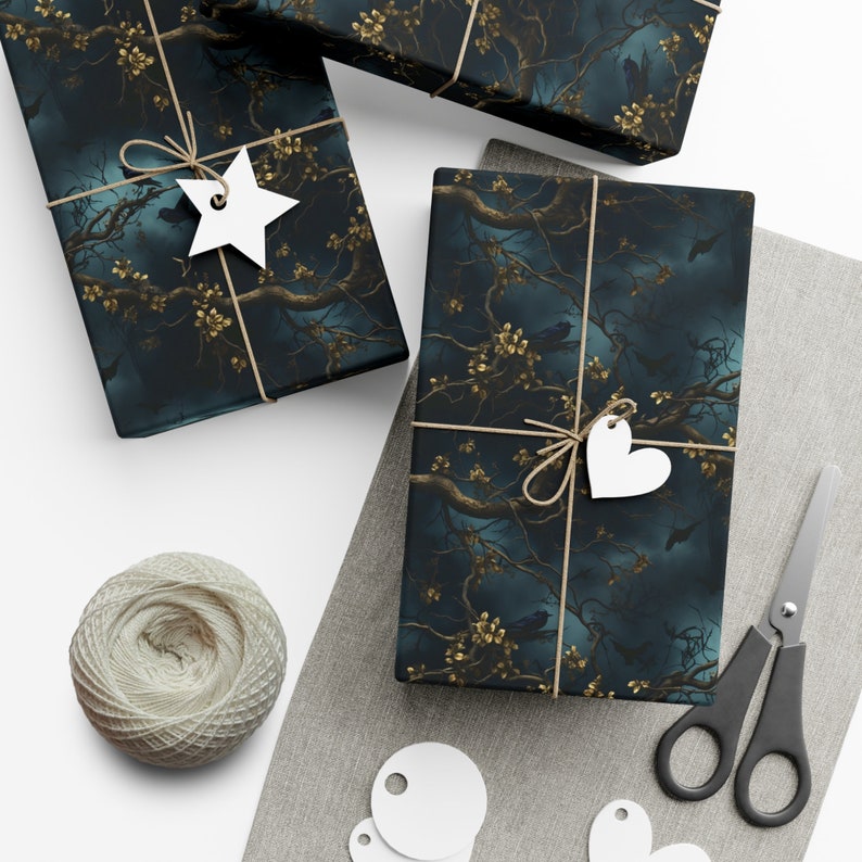 Majestic Ravens Gift Wrapping Paper Hand Drawn Birds Forest Inspired Design Thick Paper Gift Wrap Black Perfect for Any Occasion Dark Winter image 3