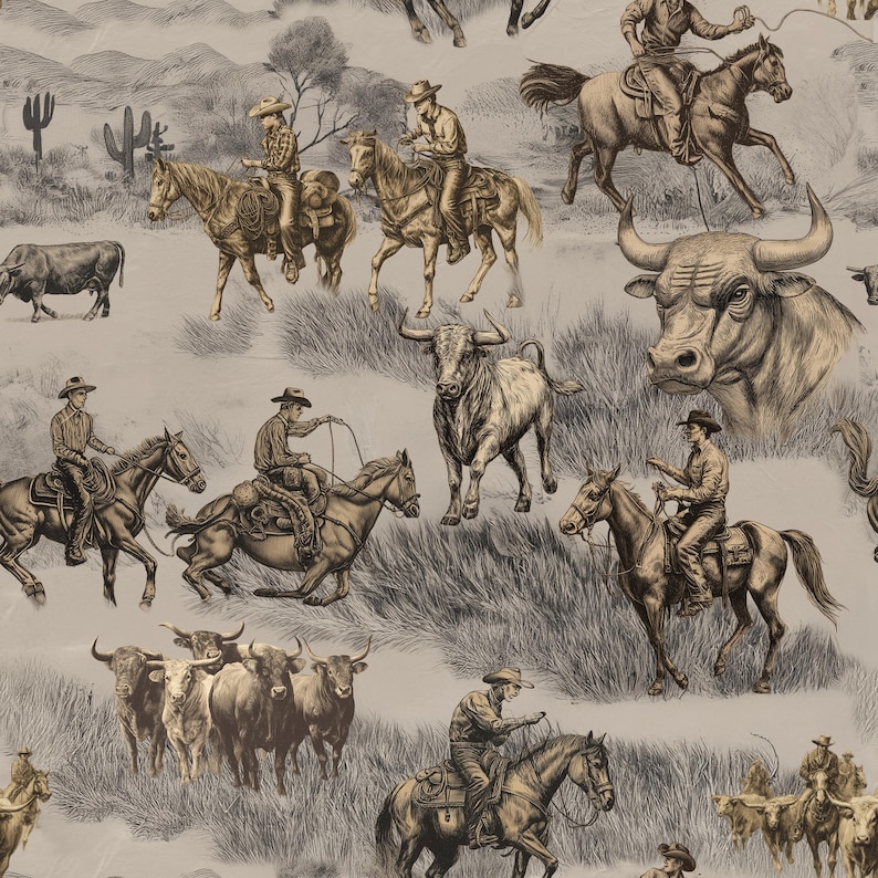 Rustic Western cowboy wrapping paper in brown and beige, featuring an equestrian rodeo design, ideal for gift wrapping.