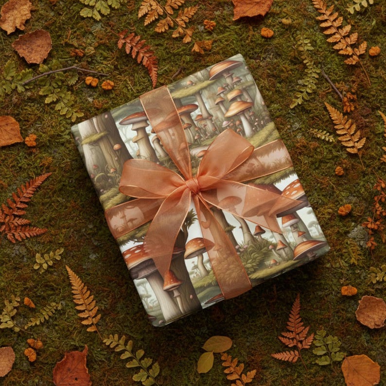 Papel de regalo con diseño de setas: diseño de bosque terroso, papel de regalo inspirado en la naturaleza. imagen 2