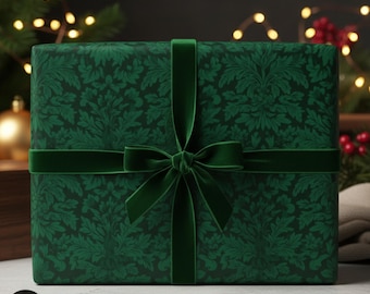 Baroque Green Wrapping Paper, Dark Floral Gift Wrap, Elegant Christmas Vintage Style Holiday Paper