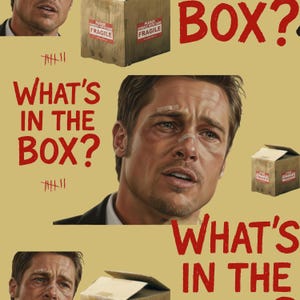 May include: A repeating pattern featuring the phrase "What's in the Box?" in red, with a distressed image of a person. Small cardboard boxes with "Fragile" labels are also present. The background is a muted yellow.