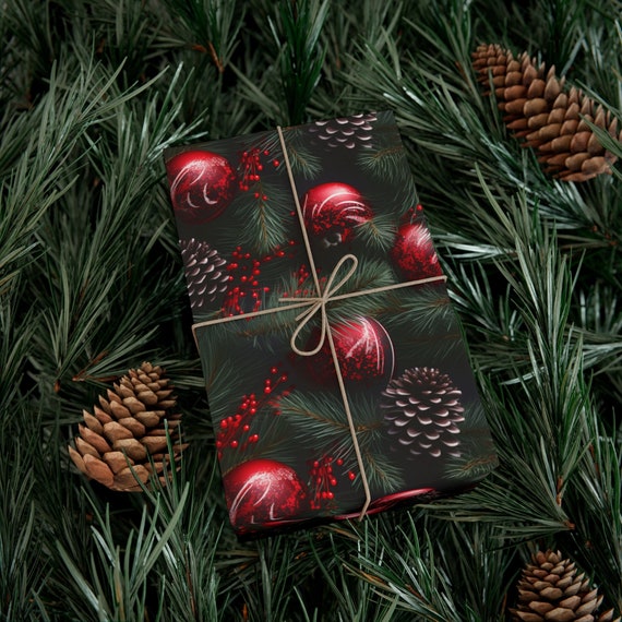 Atlanta Falcons Christmas Gift Wrapping Paper Vintage Ornament Design Red  Black Bulbs Pine Tree Pine Cone Dirty Bird Holiday Gift Wrap Roll 