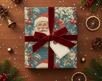 Vintage Santa Claus Blue Christmas Wrapping Paper – Festive Gift Wrap Roll