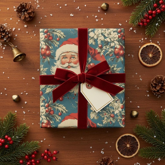 Vintage Santa Claus Blue Christmas Wrapping Paper – Festive Gift Wrap Roll
