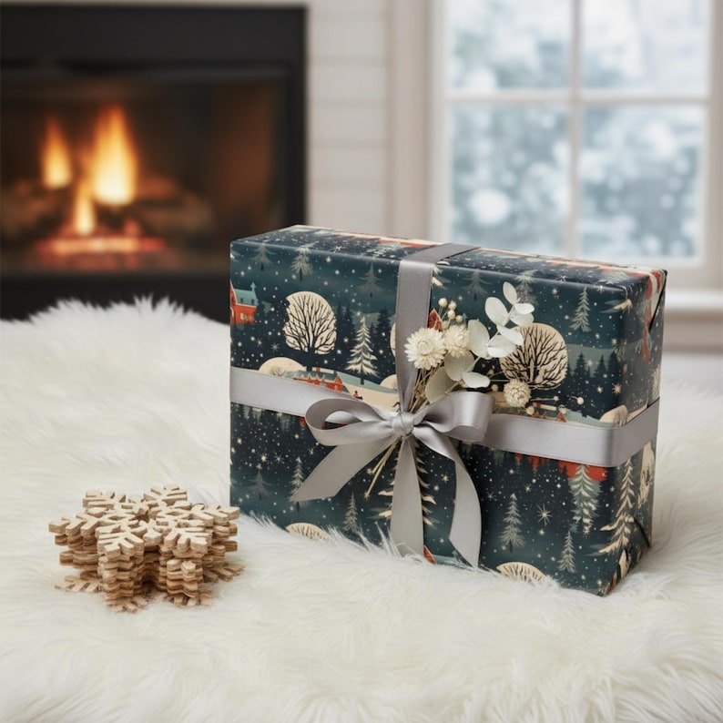 May include: A wrapped gift with a winter scene wrapping paper, tied with a silver ribbon and adorned with dried flowers. A stack of wooden snowflake ornaments sits nearby on a white, fluffy surface.