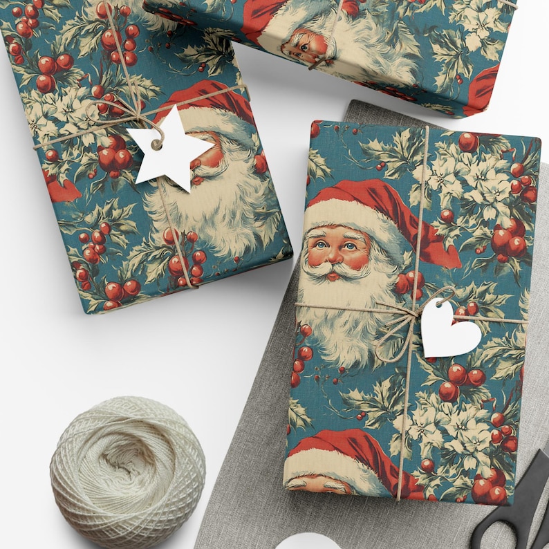 Vintage Santa Claus Blue Christmas Wrapping Paper – Festive Gift Wrap Roll image 5