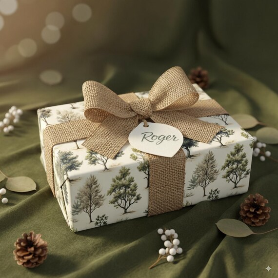 Watercolor Tree Wrapping Paper: Evergreen Forest Gift Wrap, Green & Beige Woodland Paper
