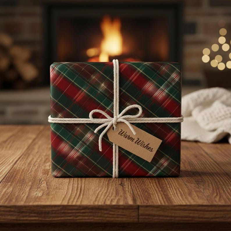 May include: A Christmas gift wrapped in red, green, and white tartan paper. It's tied with white string and a bow, with a brown tag saying "Warm Wishes". The gift sits on a wooden table, with a fireplace in the background.