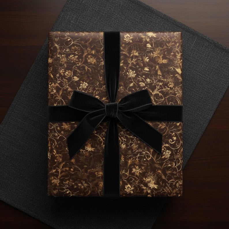 May include: A wrapped gift box with brown floral patterned paper and a black velvet ribbon and bow. The gift is presented on a dark gray textured surface and a dark brown wooden surface.