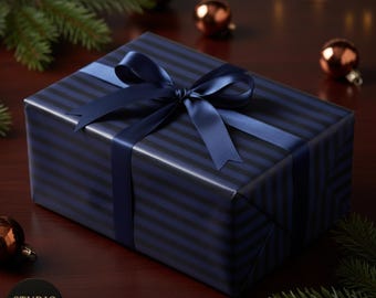 Dark Navy Blue Striped Wrapping Paper, Holiday Gift Wrap Roll Elegant Pattern Christmas Wrapping Paper