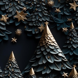 Elegante rotolo di carta da regalo natalizia nera con stelle dorate e alberi di Natale, rotolo di carta da regalo formale unico, accenti dorati, carta da regalo di lusso per le feste