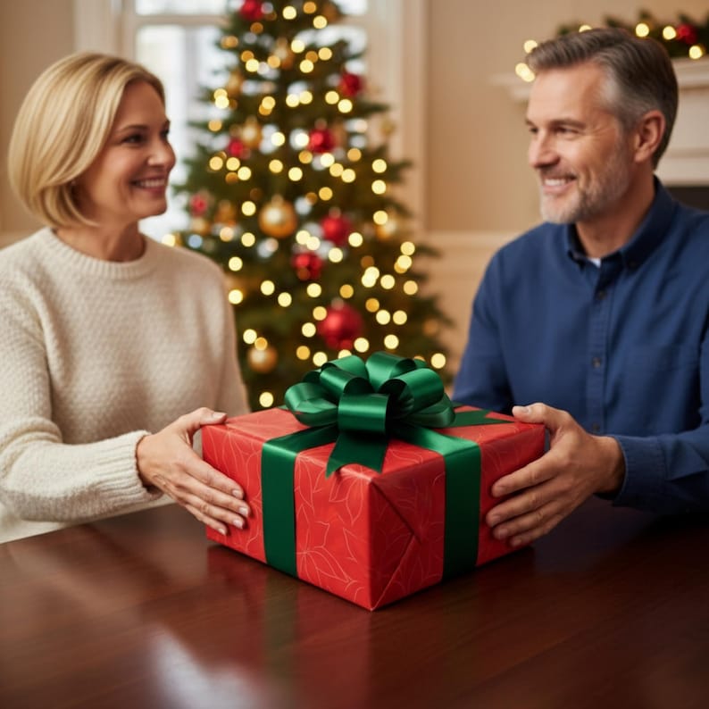 May include: A red gift box with a green ribbon and bow is being exchanged. The box is wrapped in red paper with a subtle pattern. A Christmas tree with lights and ornaments is in the background.