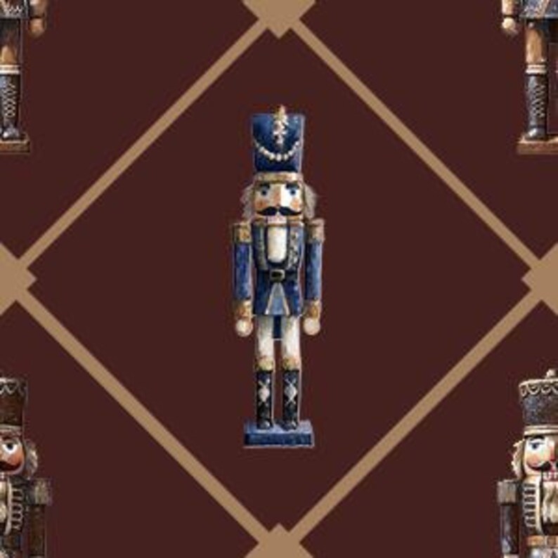 May include: A repeating pattern of watercolor nutcracker figures on a brown background. The nutcrackers are in various colors, including blue, brown, and gold. The background has a diamond pattern.