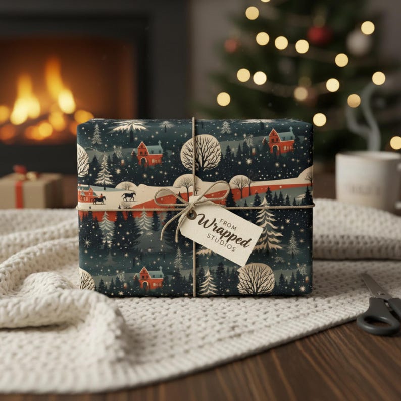 May include: A wrapped gift box featuring a winter scene with red houses, trees, and a horse-drawn carriage on a dark blue background. The gift is tied with twine and a tag that reads "Wrapped Studios".