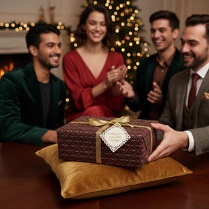 May include: A wrapped gift box with a gold ribbon and tag, resting on a gold velvet pillow. The gift is wrapped in patterned burgundy paper. The tag reads "Wishing you a sparkling holiday!" Several people are in the background.