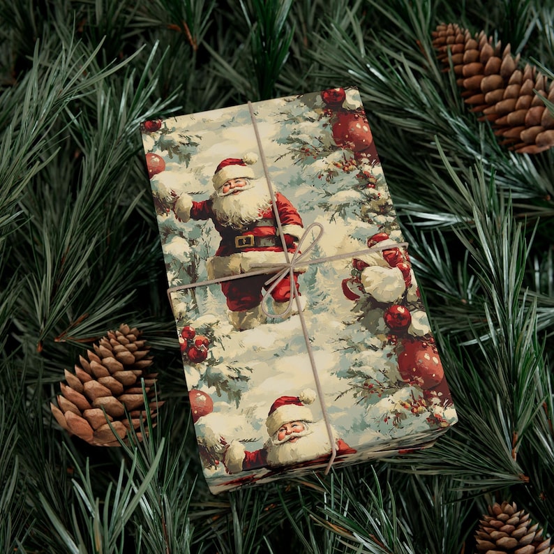 Vintage Santa Claus Wrapping Paper Holiday Gift Wrap Christmas Paper Festive Santa Gift Wrap Winter Wonderland Paper Design image 6