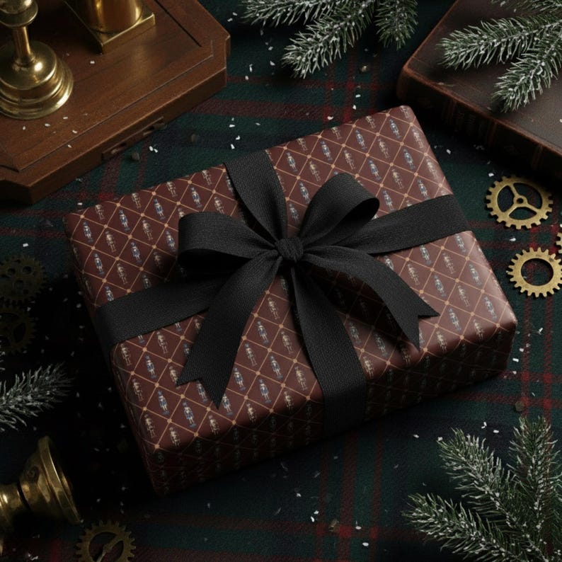 May include: A wrapped gift box with a brown patterned paper and a black ribbon. The gift box is on a green and red plaid surface, with decorative elements like gears and pine branches.