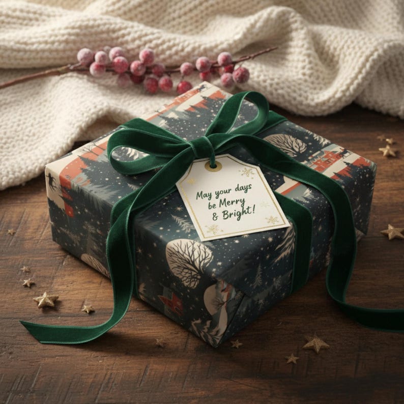 May include: A wrapped gift box with a dark blue and white winter scene design, tied with a dark green velvet ribbon and a tag that reads "May your days be Merry & Bright!". The gift is on a wooden surface.