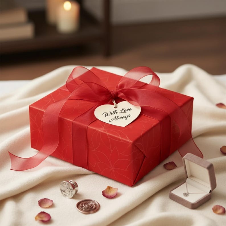 May include: A red gift box wrapped with a matching ribbon and a heart-shaped tag that reads "With Love Always." The box is on a white blanket, with a small jewelry box and rose petals nearby.