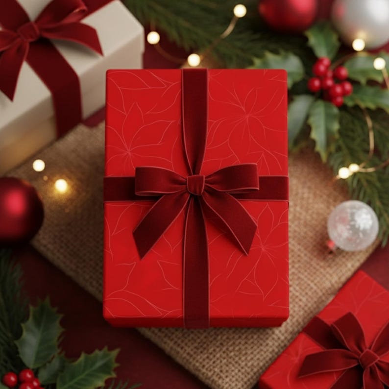 May include: A red gift box with a velvet ribbon and bow, adorned with a subtle floral pattern. The box is surrounded by festive decorations, including holly, ornaments, and twinkling lights, creating a holiday theme.