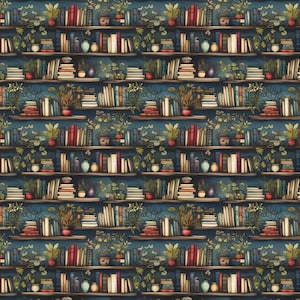 May include: A seamless pattern featuring a bookshelf filled with books, plants, and decorative items. The bookshelf is set against a dark blue background. The pattern is perfect for creating a whimsical and eclectic design.