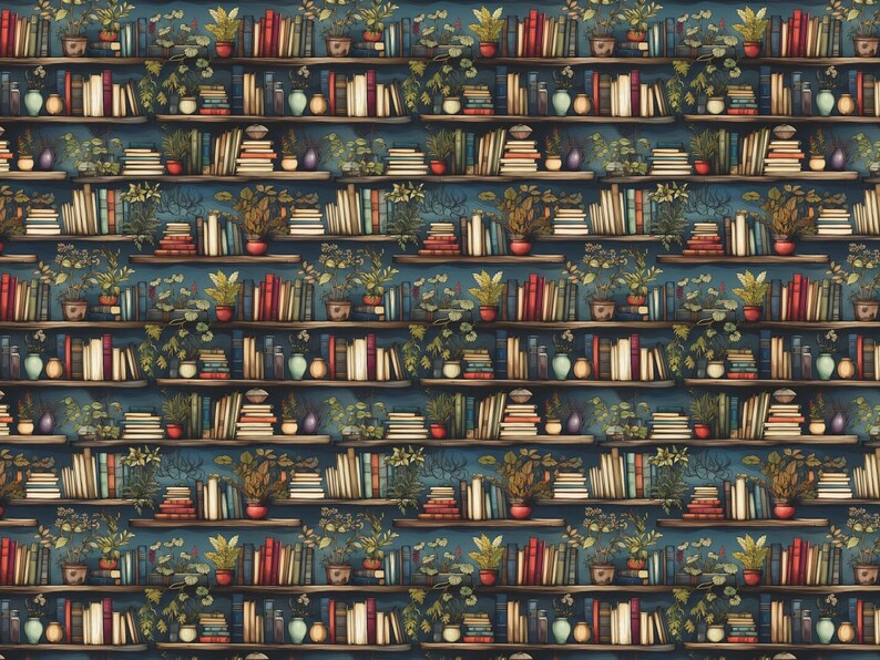 May include: A seamless pattern featuring a bookshelf filled with books, plants, and decorative items. The bookshelf is set against a dark blue background. The pattern is perfect for creating a whimsical and eclectic design.