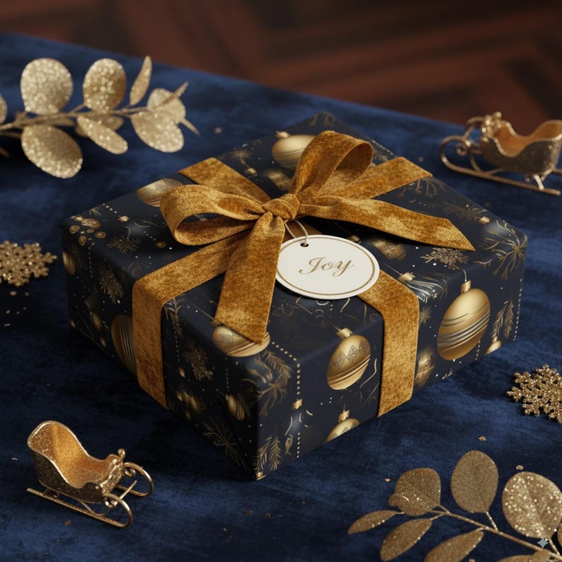 Gold Ornaments on Black Christmas Wrapping Paper: Luxury Holiday Gift Wrap image 4