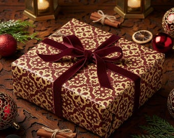 Ornate Gold and Burgundy Christmas Wrapping Paper Elegant Holiday Gift Wrap Roll, Damask Pattern