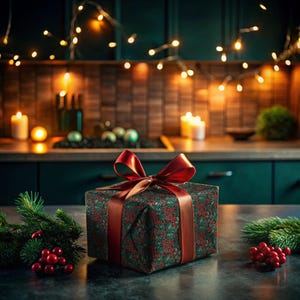 May include: A green and red gift box with a red bow sits on a dark countertop. The box is decorated with a floral pattern. There are green branches with red berries on either side of the box.