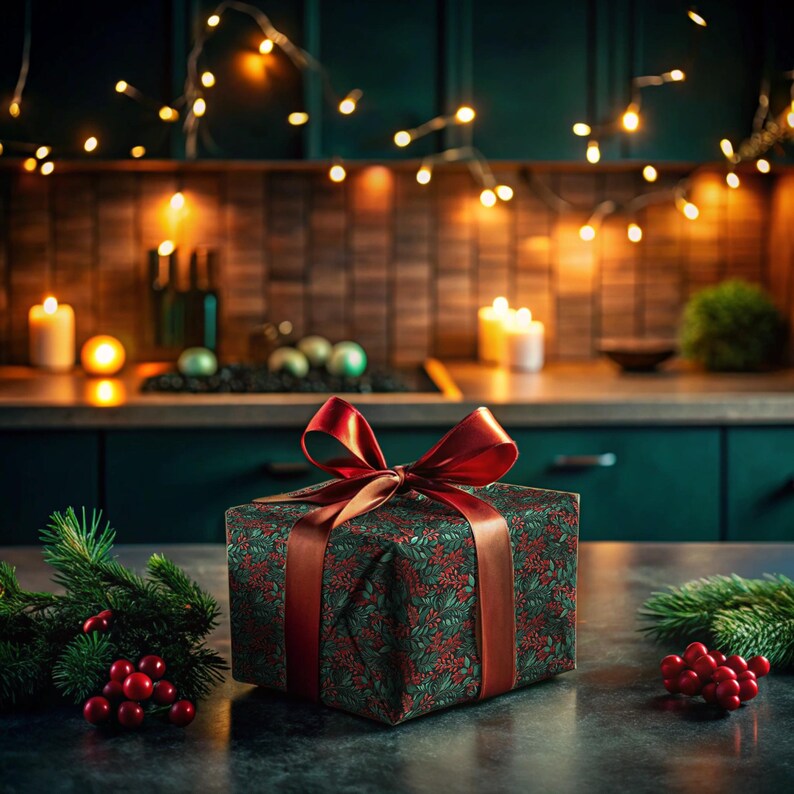 May include: A green and red gift box with a red bow sits on a dark countertop. The box is decorated with a floral pattern. There are green branches with red berries on either side of the box.