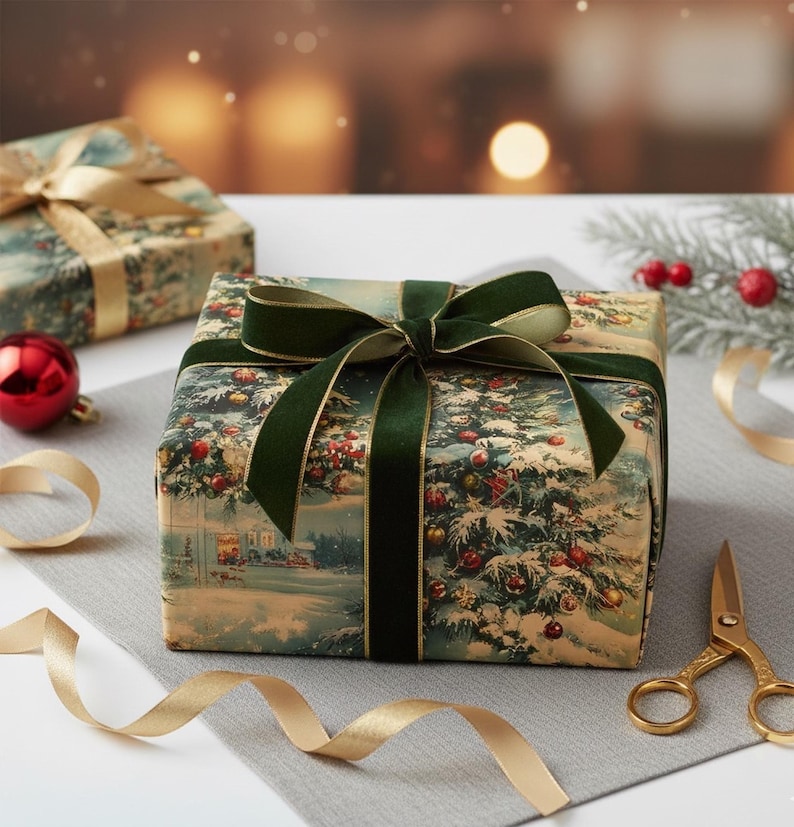 May include: A square gift box wrapped in vintage-style paper featuring a snowy Christmas tree scene with red and gold ornaments, tied with a wide dark green velvet ribbon bow. A pair of gold-toned metal scissors lies nearby on the surface.