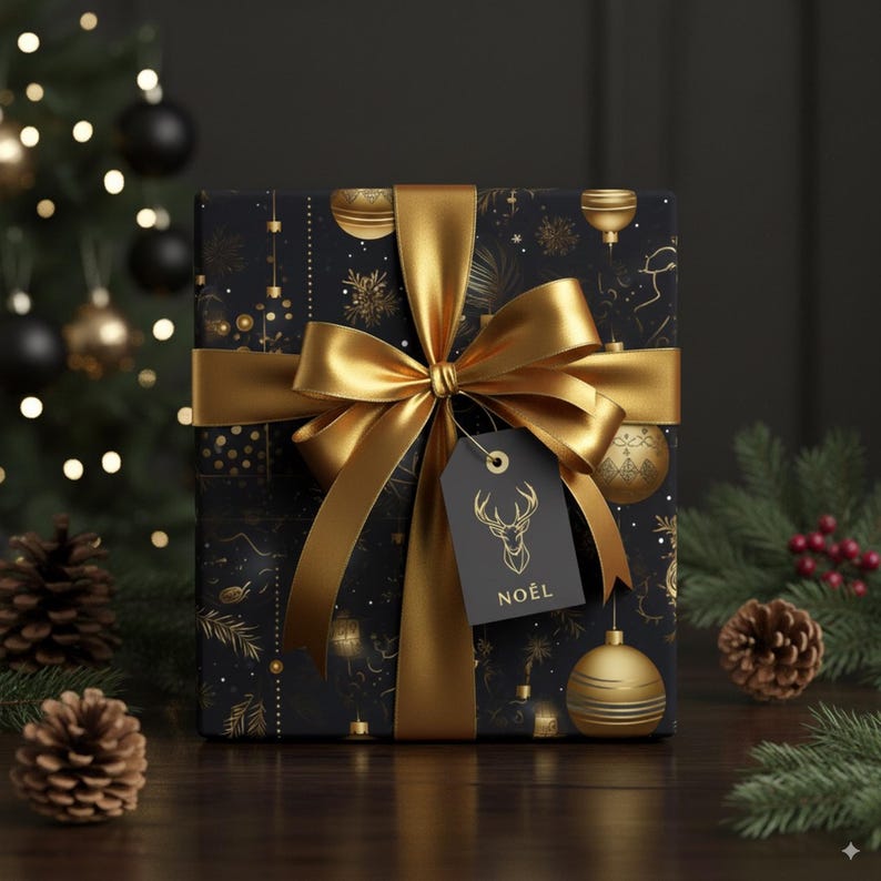 Gold Ornaments on Black Christmas Wrapping Paper: Luxury Holiday Gift Wrap image 2