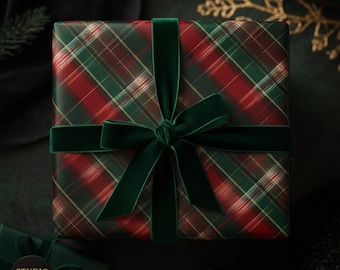 May include: A wrapped gift box with a red, green, and gold plaid pattern. The box is tied with a dark green velvet ribbon and bow. The overall theme is festive and holiday-related.