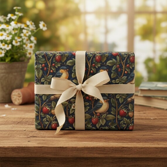 いちご泥棒ラッピングペーパー：ウィリアム・モリスの花柄鳥のギフト