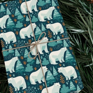 Happy Polar Bears Carta da regalo natalizia Vacanze invernali Verde acqua Blu Verde Orso polare Confezione regalo Alberi di Natale Carta spessa per le vacanze
