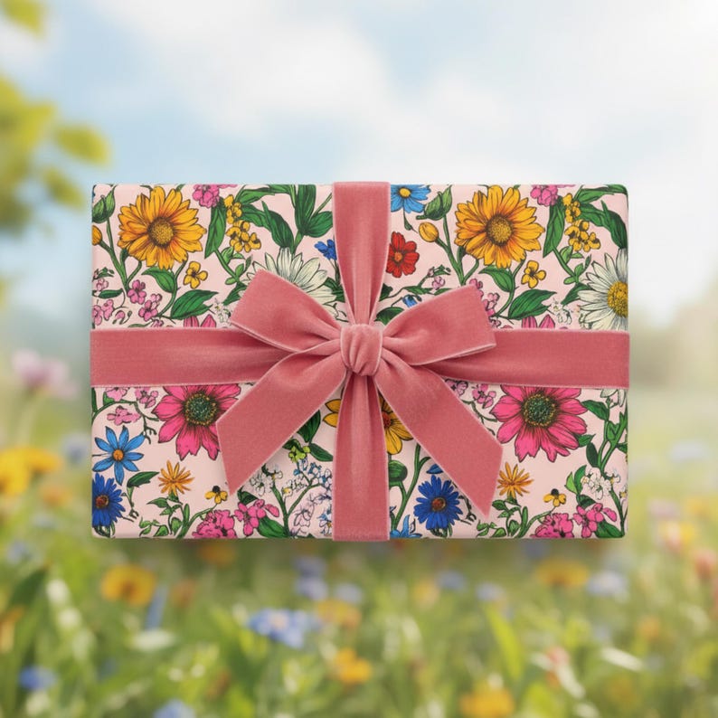 Cadeaupapier bloemen: roze wilde bloemenprint - lentefeestpapier afbeelding 3