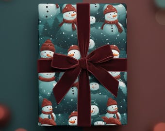 Snowman Forest Wrapping Paper: Teal Red Wrap