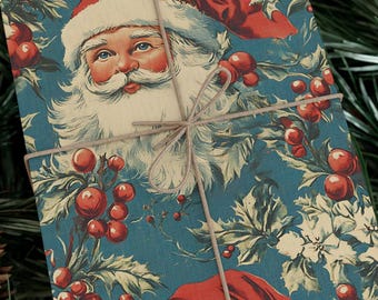 Vintage Santa Wrapping Paper Holiday Gift Wrap Retro Christmas Paper Santa Claus Gift Wrap Merry Xmas Paper Festive Wrap Roll Christmas Blue