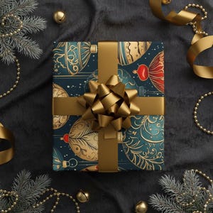 Retro Christmas Ornament Wrapping Paper: Red, Gold, Blue Metallic Bulbs
