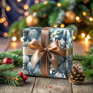 Carta da regalo per le feste, ornamento natalizio, rotolo di carta da regalo floreale natalizio, blu, pino, oro bianco, fiore tropicale