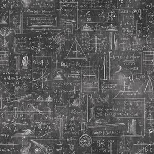 Chalkboard-themed wrapping paper with white math equations on black, perfect for academic gifts and celebrations.