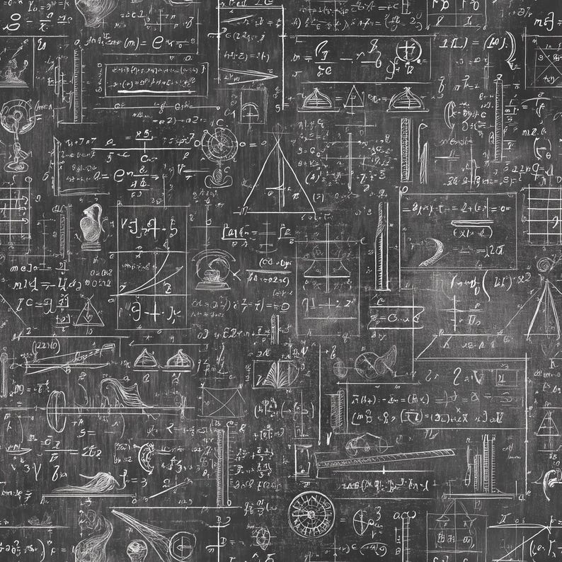 Chalkboard-themed wrapping paper with white math equations on black, perfect for academic gifts and celebrations.