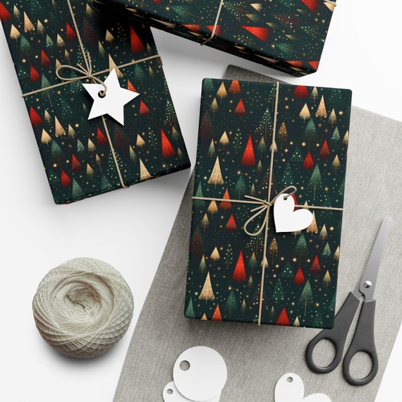Magical Winter Night Holiday Gift Wrap Colorful Christmas Trees Stars  Christmas Wrapping Paper Ornament Tree Festive Holiday Gift Wrap Black 