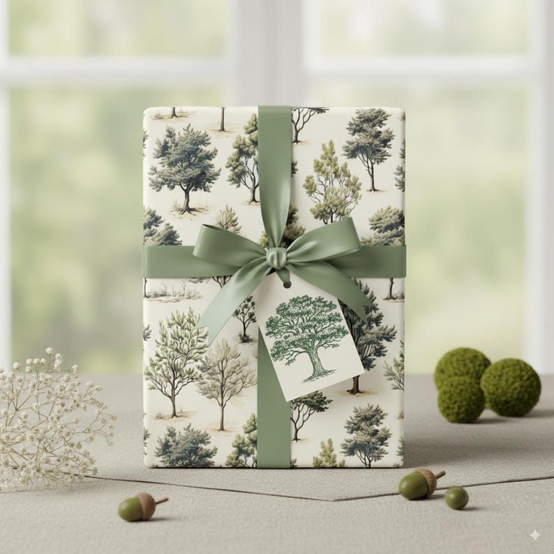 Papier do pakowania prezentów z motywem drzewa akwarelowego: Evergreen Forest, papier leśny w kolorze zielonym i beżowym zdjęcie 5