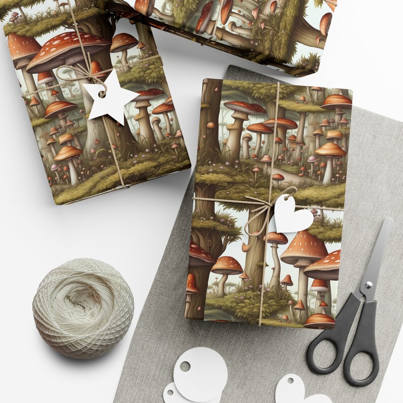 Papel de regalo con diseño de setas: diseño de bosque terroso, papel de regalo inspirado en la naturaleza. imagen 6