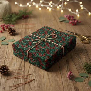 Floral Christmas Wrapping Paper: Elegant Red & Green Holly Berry Pattern image 3