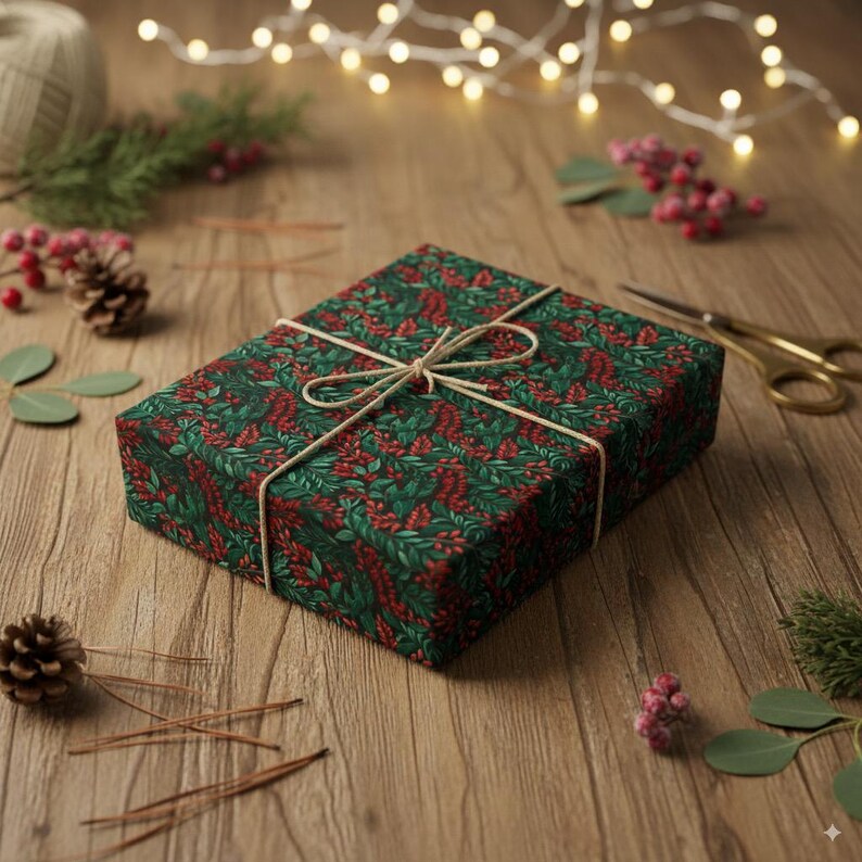 Floral Christmas Wrapping Paper: Elegant Red & Green Holly Berry Pattern image 3