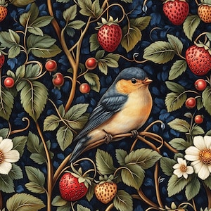 Carta da regalo Strawberry Thief Carta da regalo floreale ispirata a William Morris Carta da regalo con uccelli Carta da regalo in stile vintage con fragole Rotolo di carta
